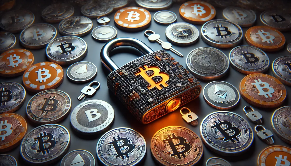 lock surrounded by cryptocurrencies